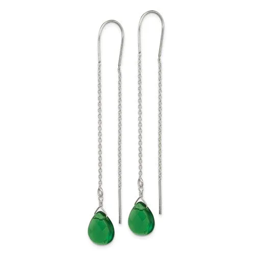 Sterling Silver Pear Shaped Dark Green CZ Threader Earrings