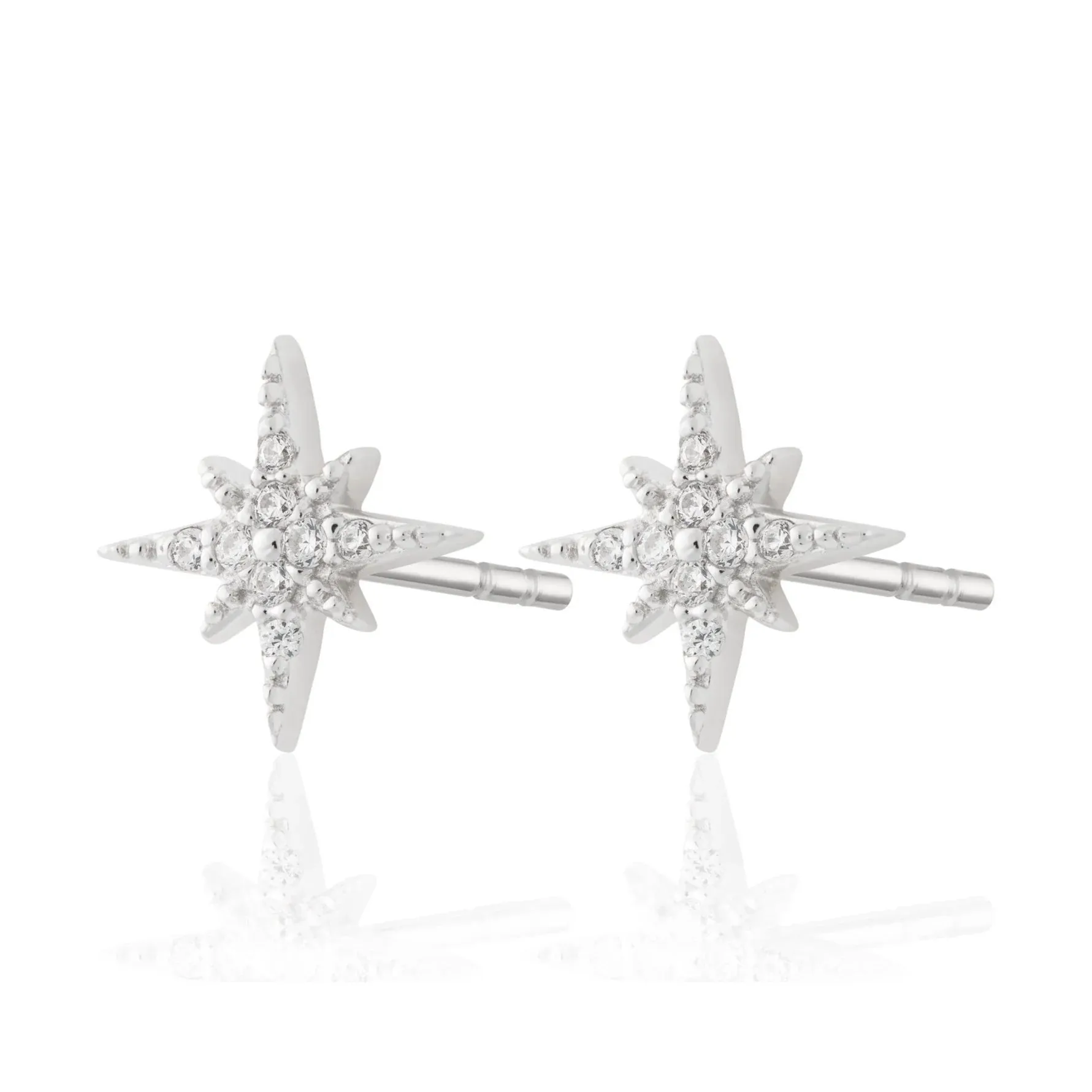 Sterling Silver Rhodium Plated & Cubic Zirconia Starburst Star Stud Earrings