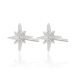 Sterling Silver Rhodium Plated & Cubic Zirconia Starburst Star Stud Earrings