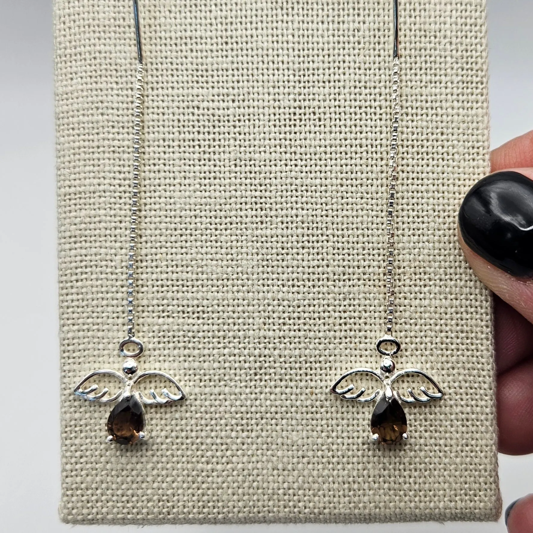 Sterling Silver Smokey Quartz Angel Threader Earrings 2 inch