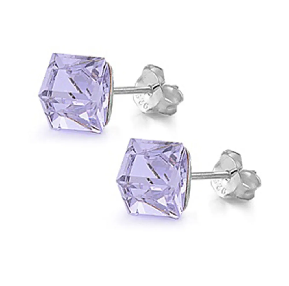 Sterling Silver Traditional Cube Classic Simple Geometric Earrings Lavender CZ