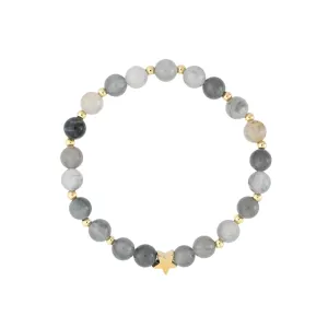 STONE BEAD BRACELET 6 MM W/GOLD BEADS COOL GREY