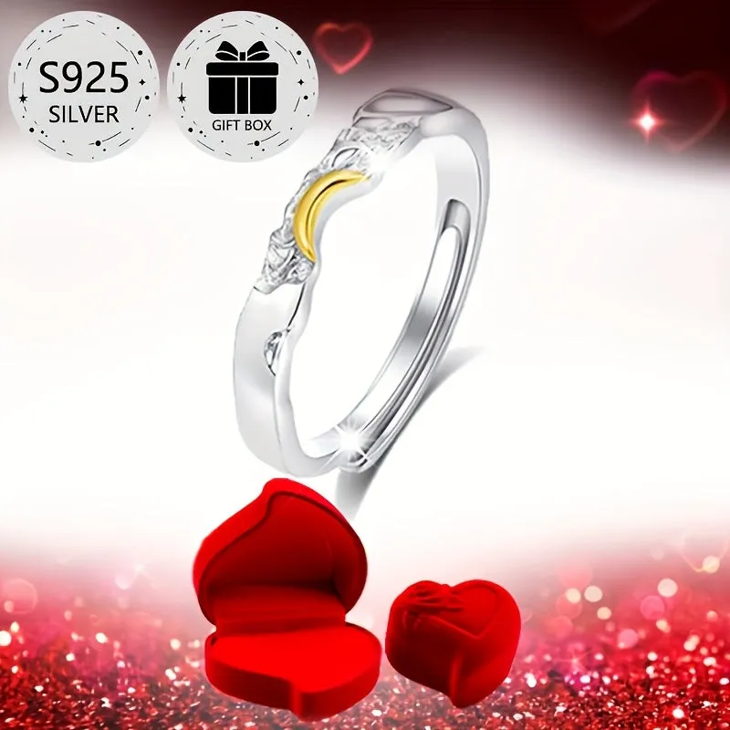 Sun & Moon Style Women's Engagement Rings, 925 Silver, Heart Shaped Box