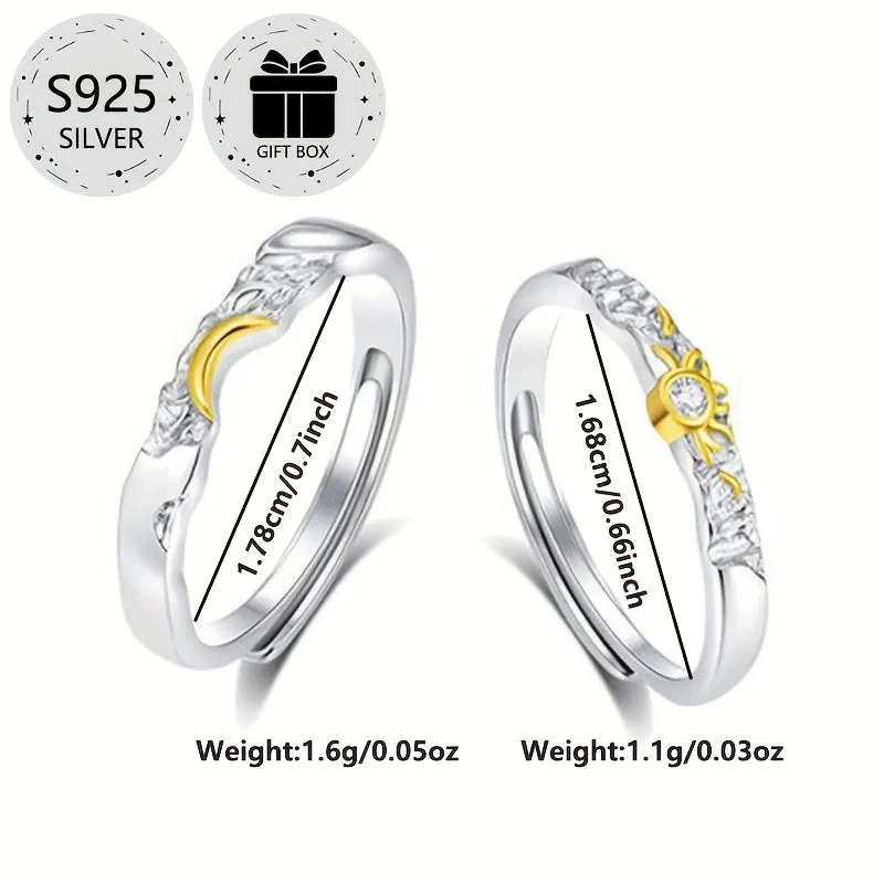 Sun & Moon Style Women's Engagement Rings, 925 Silver, Heart Shaped Box