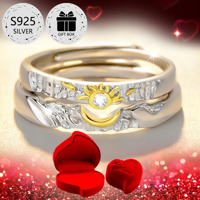 Sun & Moon Style Women's Engagement Rings, 925 Silver, Heart Shaped Box