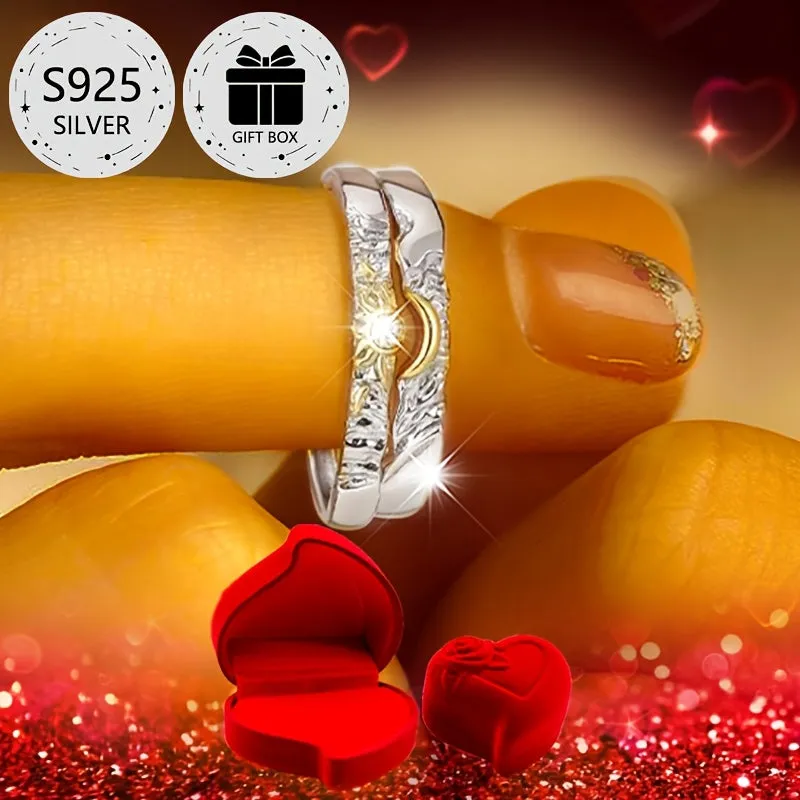 Sun & Moon Style Women's Engagement Rings, 925 Silver, Heart Shaped Box