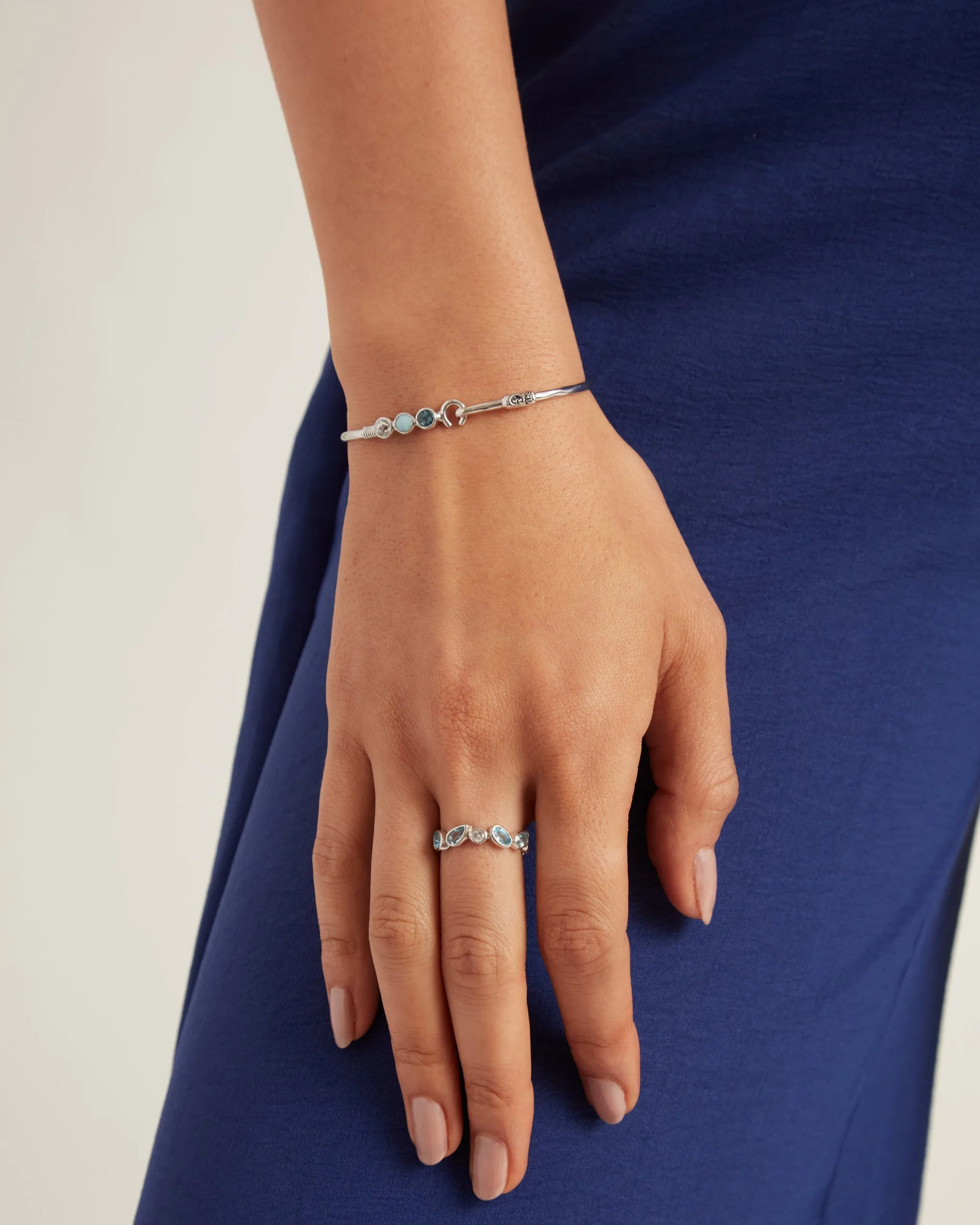 The Hook Bracelet with Triple Stones, 2mm - Hampton Blue Topaz/Larimar/White Zircon