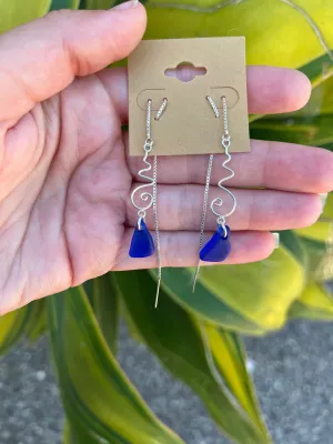 Threader Sea Glass Earrings in Cobalt Blue