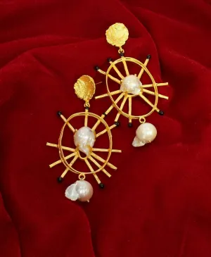Tribal Match stick Golden Baroque Pearl Earrings