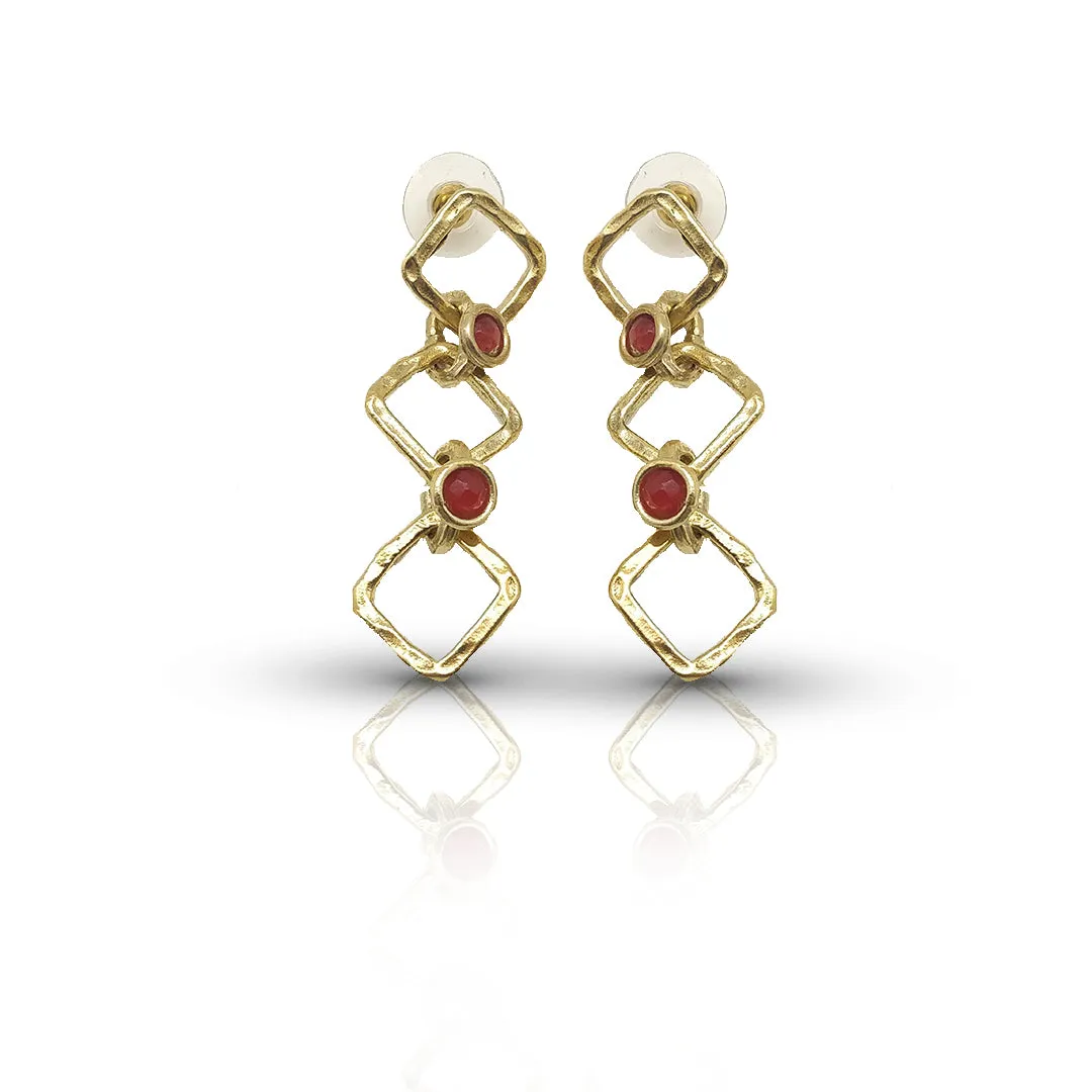 Triple Diamond Shape Gold-Plated Earrings | Red CZ Stone | Artisan Crafted Jewelry | Unique Drop Earrings
