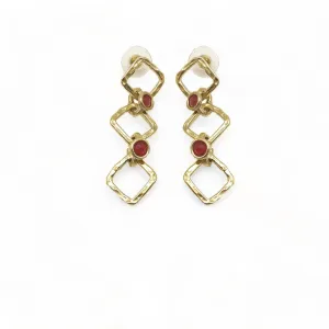Triple Diamond Shape Gold-Plated Earrings | Red CZ Stone | Artisan Crafted Jewelry | Unique Drop Earrings