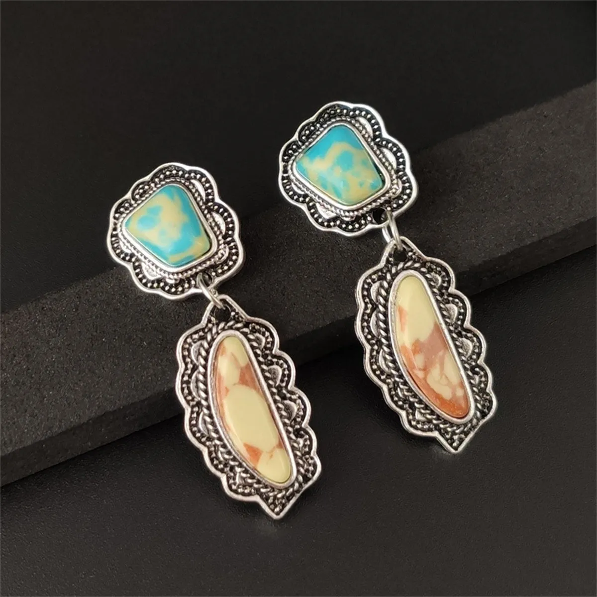 Turquoise & Silver-Plated Geometric Drop Earrings