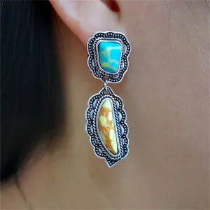 Turquoise & Silver-Plated Geometric Drop Earrings