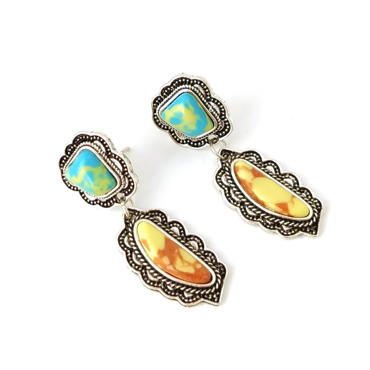 Turquoise & Silver-Plated Geometric Drop Earrings