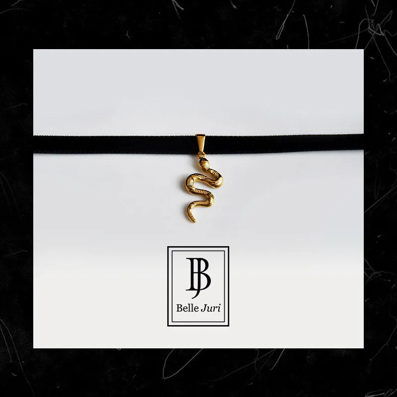 Velvet-Toned Golden Metal Snake Choker Necklace