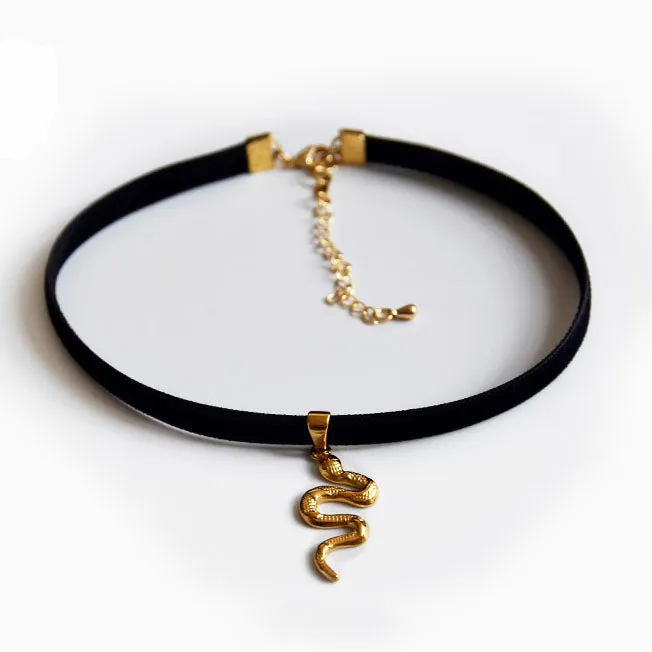 Velvet-Toned Golden Metal Snake Choker Necklace