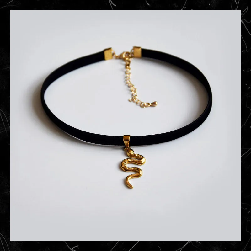 Velvet-Toned Golden Metal Snake Choker Necklace