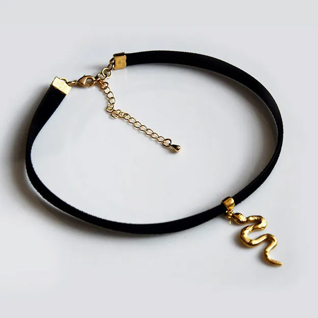 Velvet-Toned Golden Metal Snake Choker Necklace