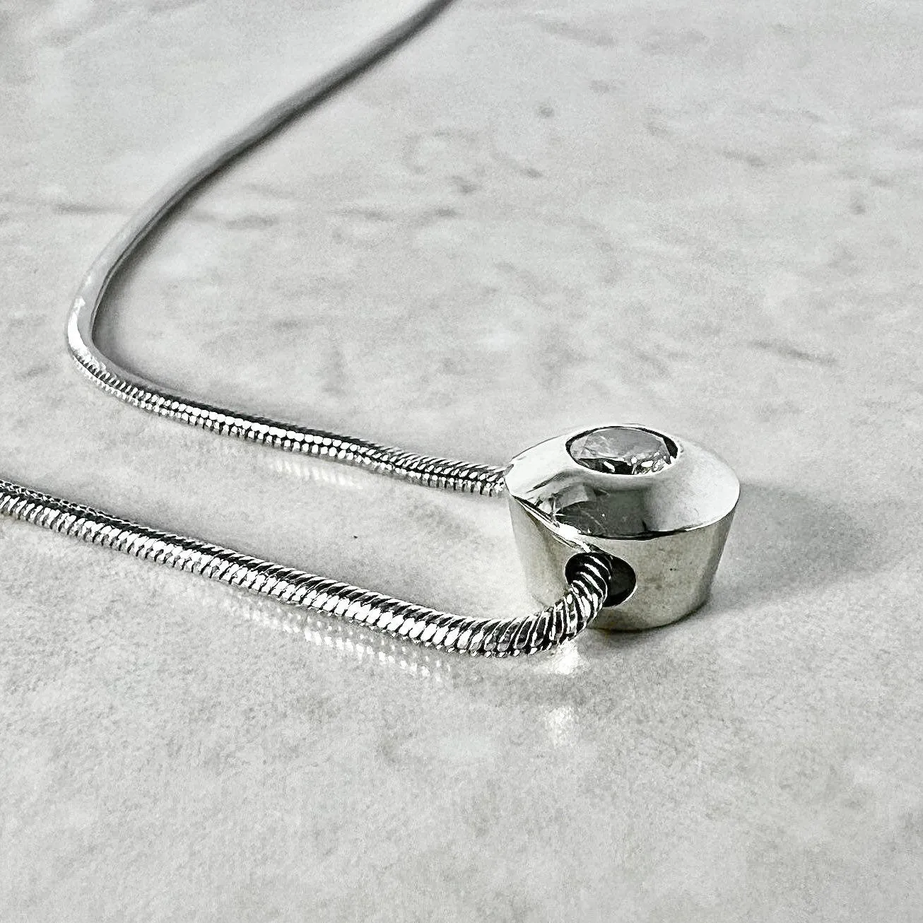 Vintage 14 Karat White Gold Bezel Diamond Solitaire Pendant Necklace