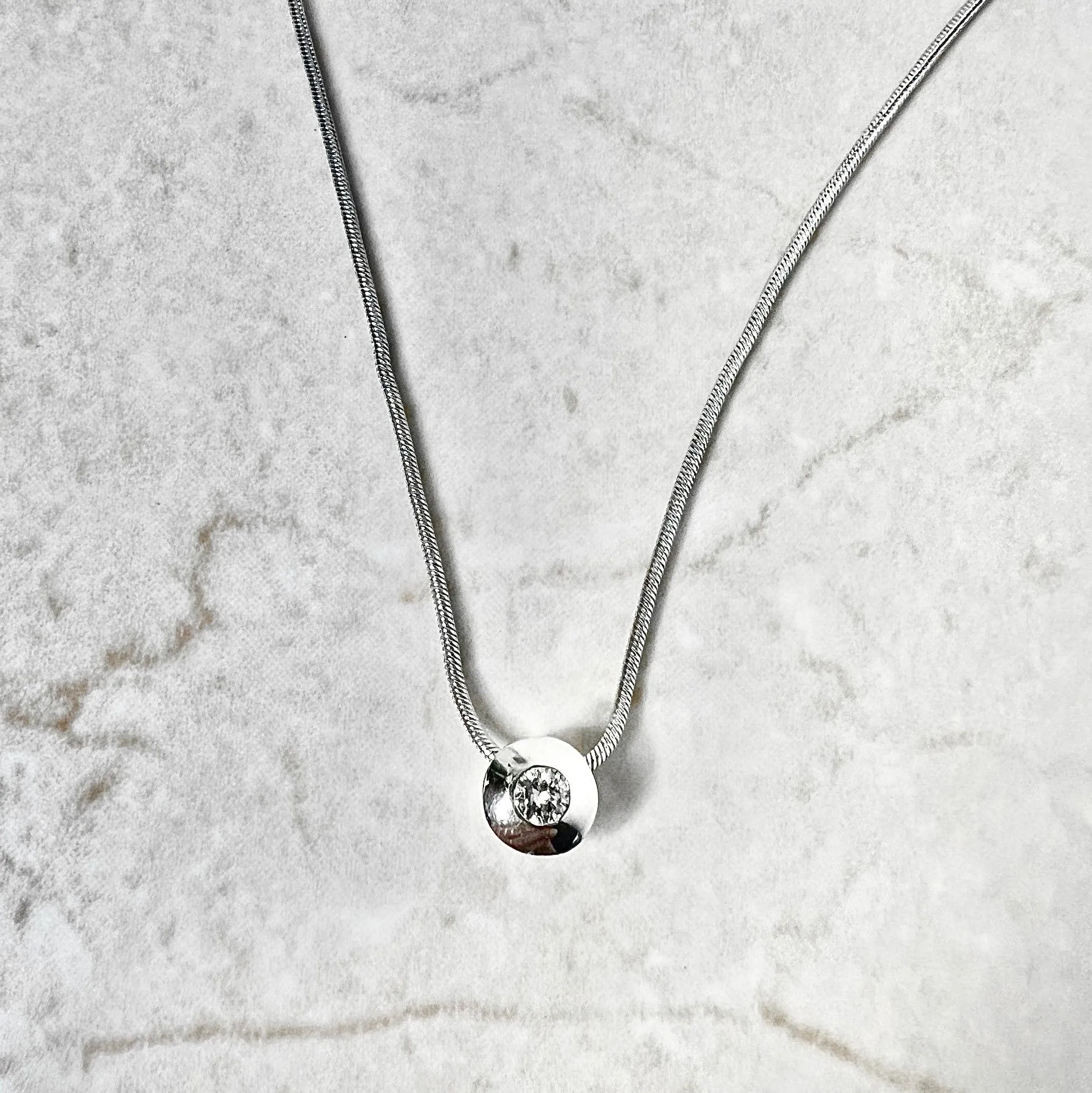 Vintage 14 Karat White Gold Bezel Diamond Solitaire Pendant Necklace