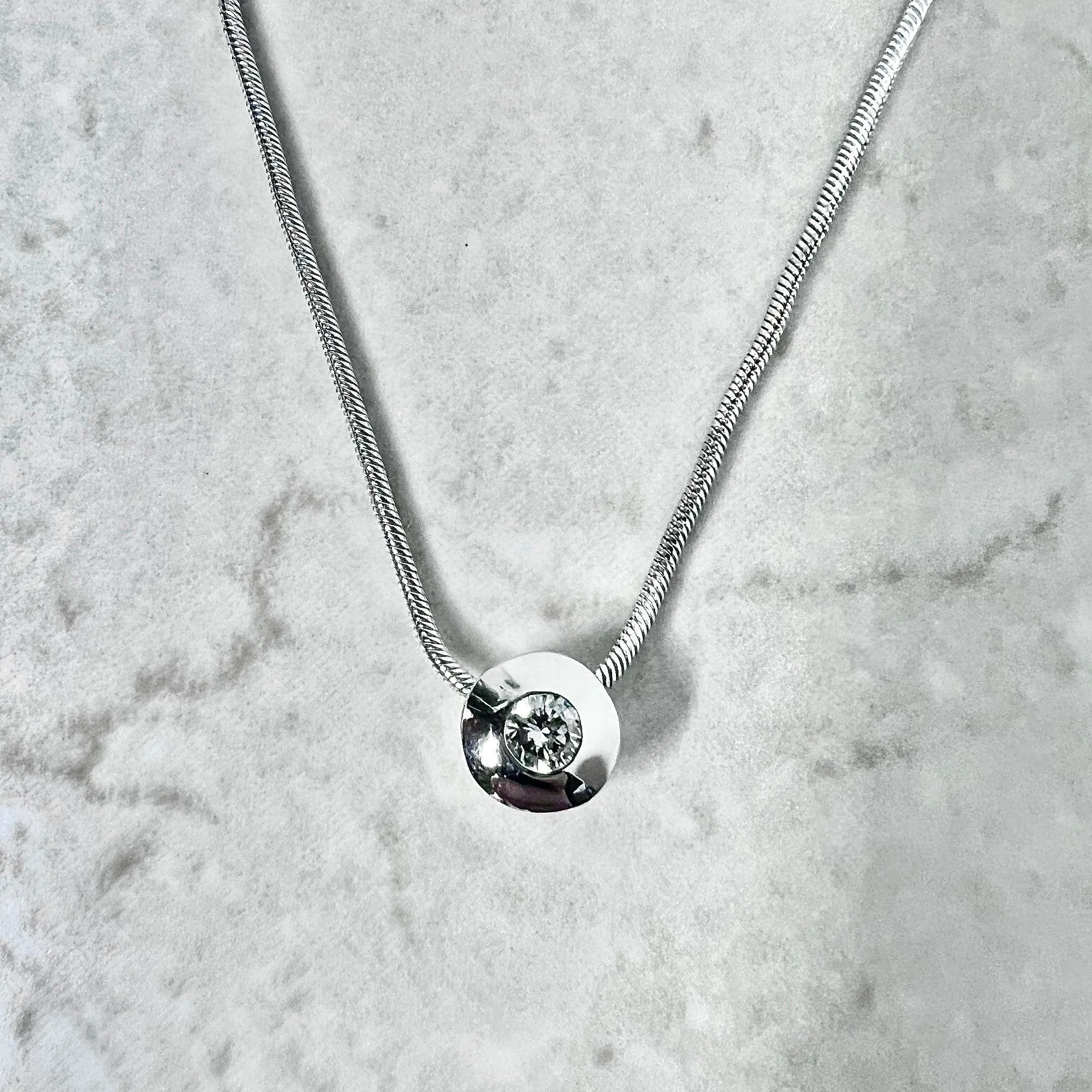 Vintage 14 Karat White Gold Bezel Diamond Solitaire Pendant Necklace