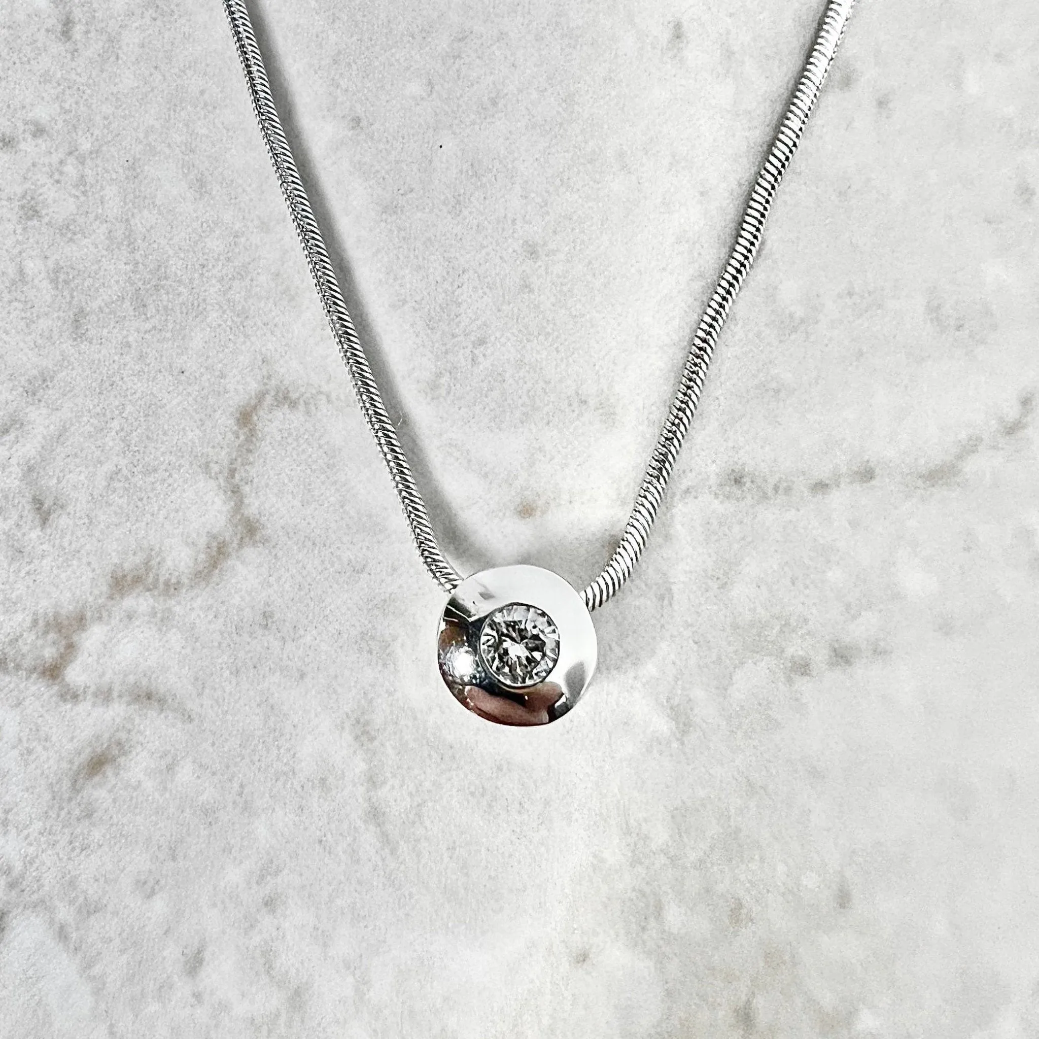 Vintage 14 Karat White Gold Bezel Diamond Solitaire Pendant Necklace