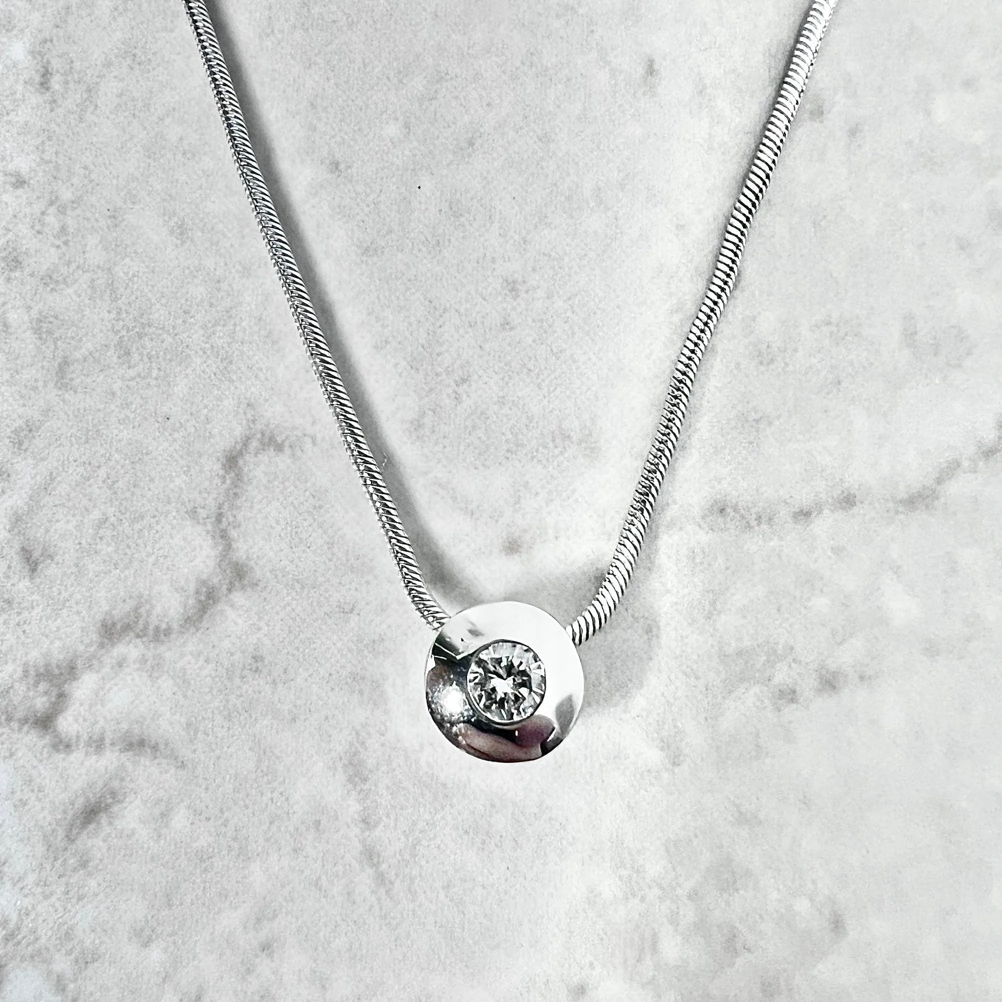 Vintage 14 Karat White Gold Bezel Diamond Solitaire Pendant Necklace