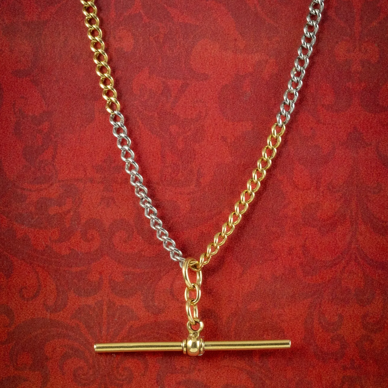 Vintage Albert Chain Necklace Two Tone 18ct Gold Platinum