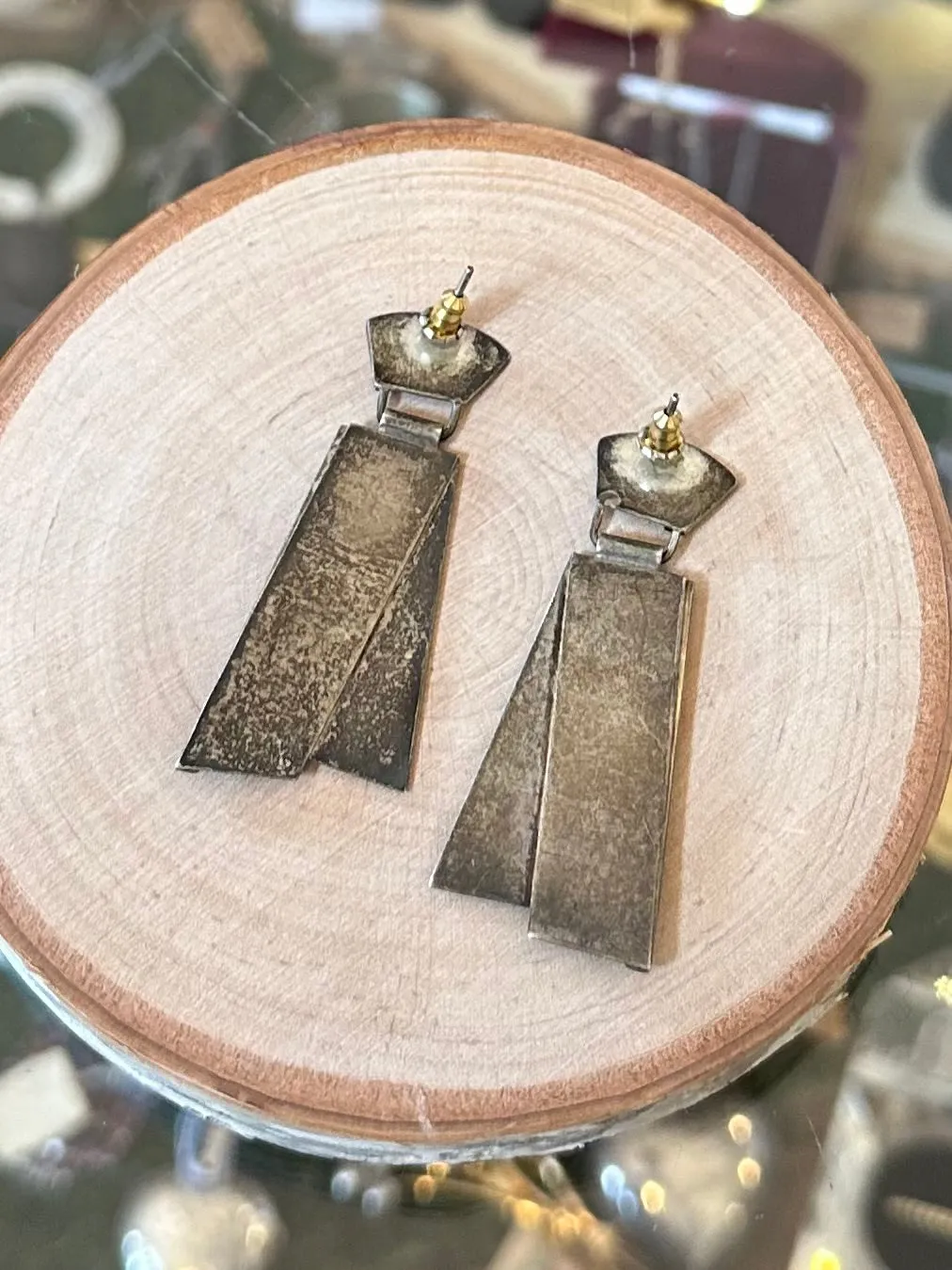 Vintage Artisan Modernist Geometric Two Tone Sterling Silver Dangle Drop Earrings