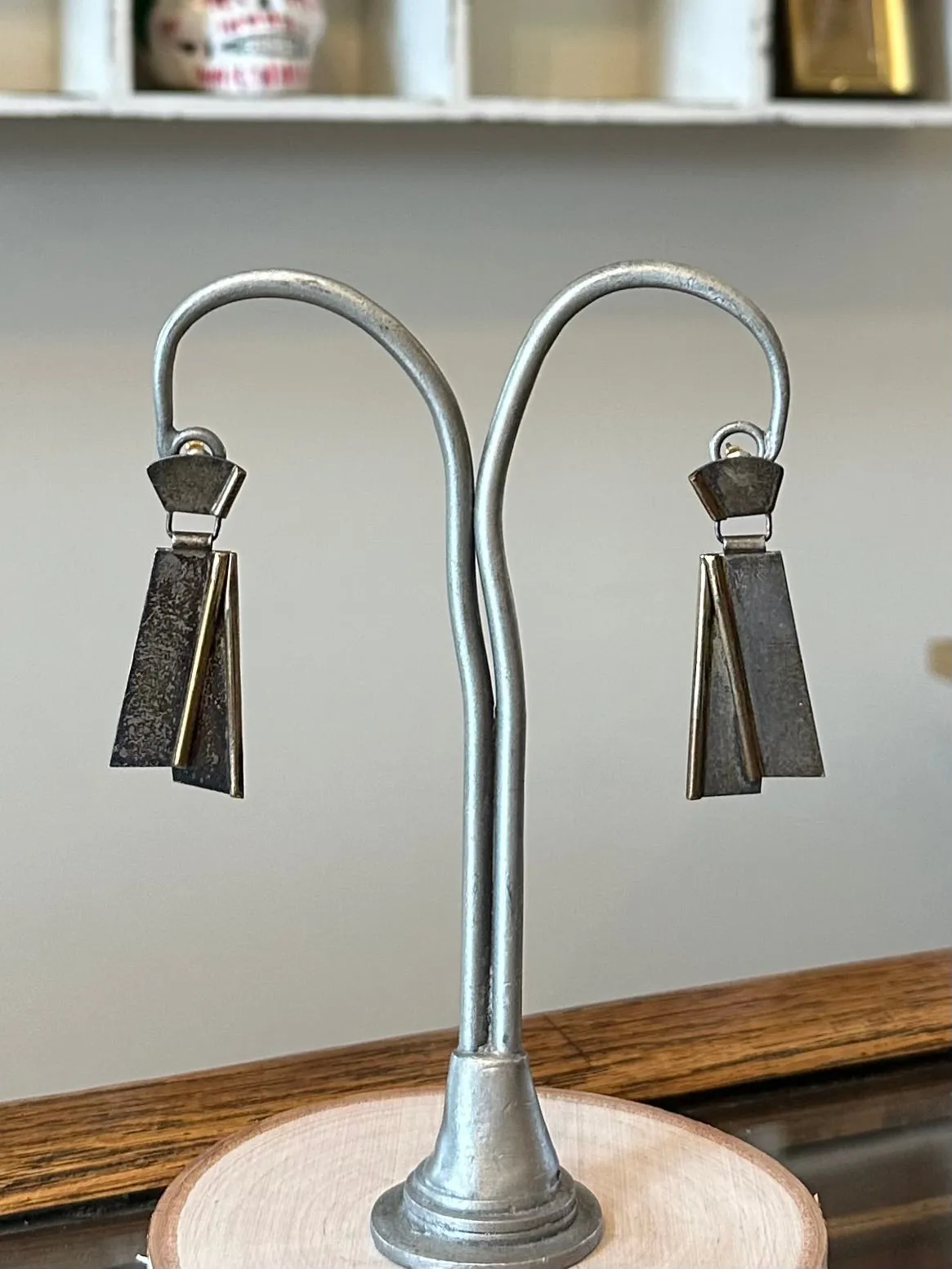 Vintage Artisan Modernist Geometric Two Tone Sterling Silver Dangle Drop Earrings