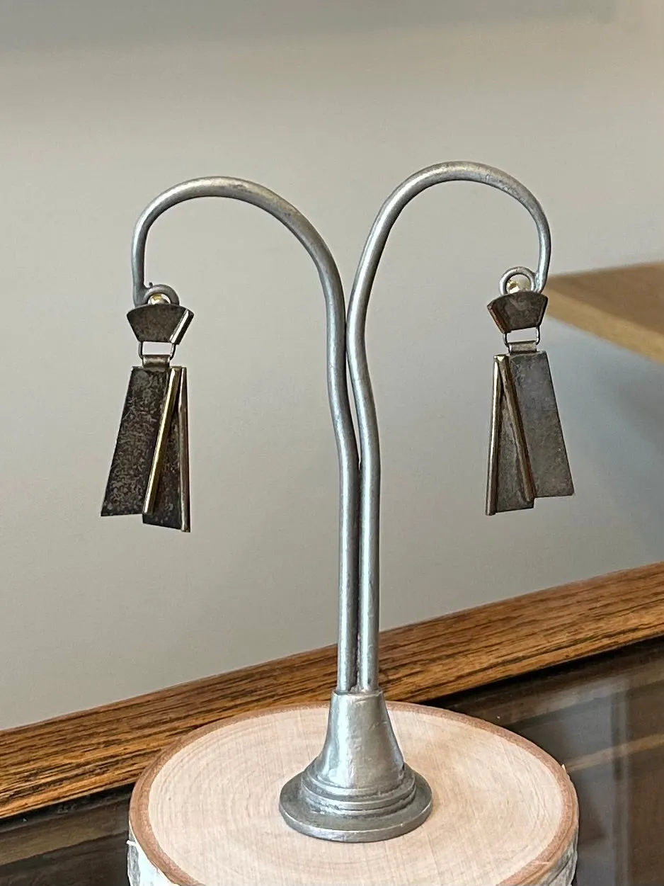 Vintage Artisan Modernist Geometric Two Tone Sterling Silver Dangle Drop Earrings