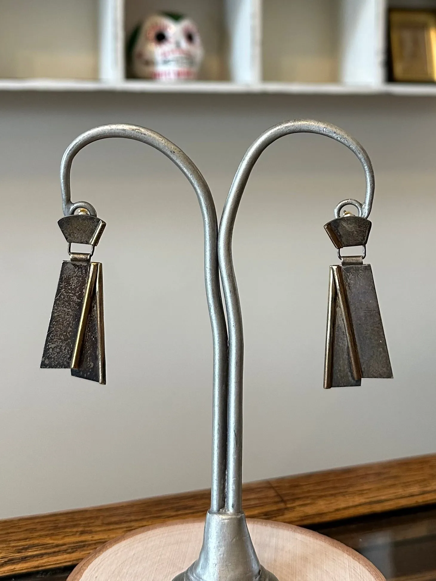 Vintage Artisan Modernist Geometric Two Tone Sterling Silver Dangle Drop Earrings