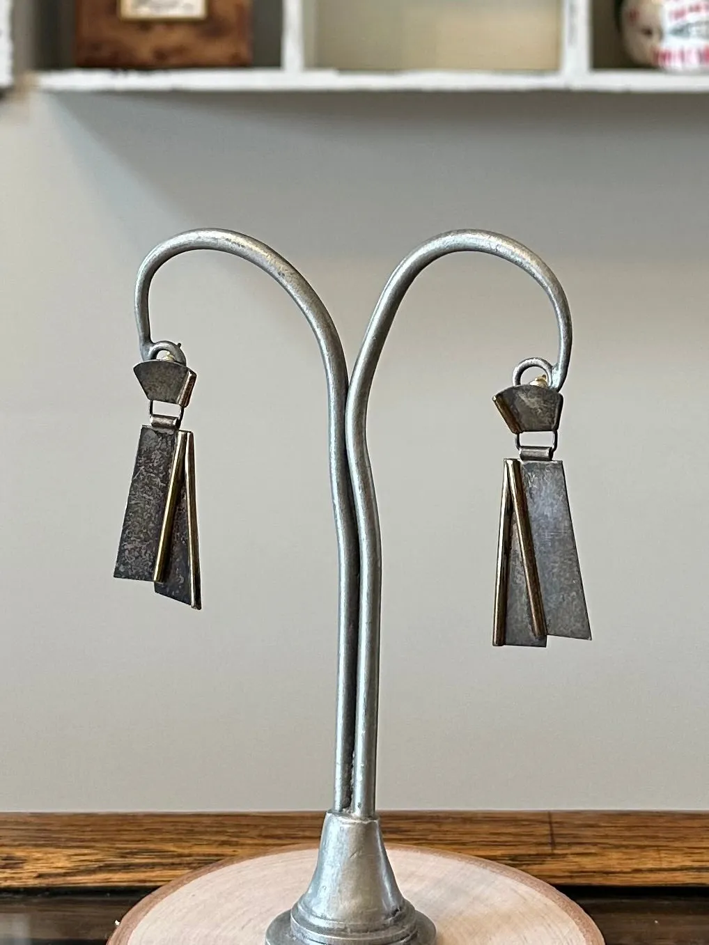 Vintage Artisan Modernist Geometric Two Tone Sterling Silver Dangle Drop Earrings