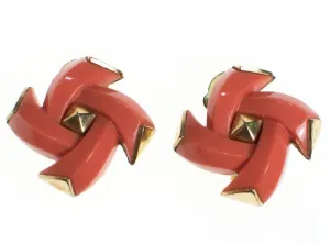 Vintage Crown Trifar Coral Lucite and Gold Geometric Earrings