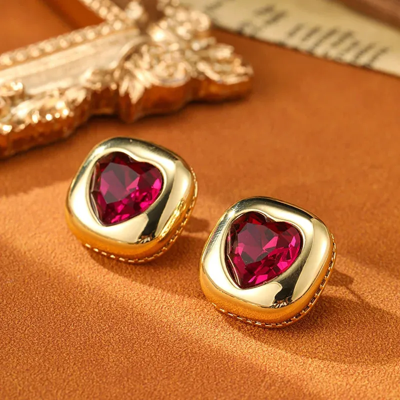 Vintage Earrings Vintage Geometric Red Heart Shaped Earrings Elegant And Fashionable Women's Light Luxury New Year Earrings