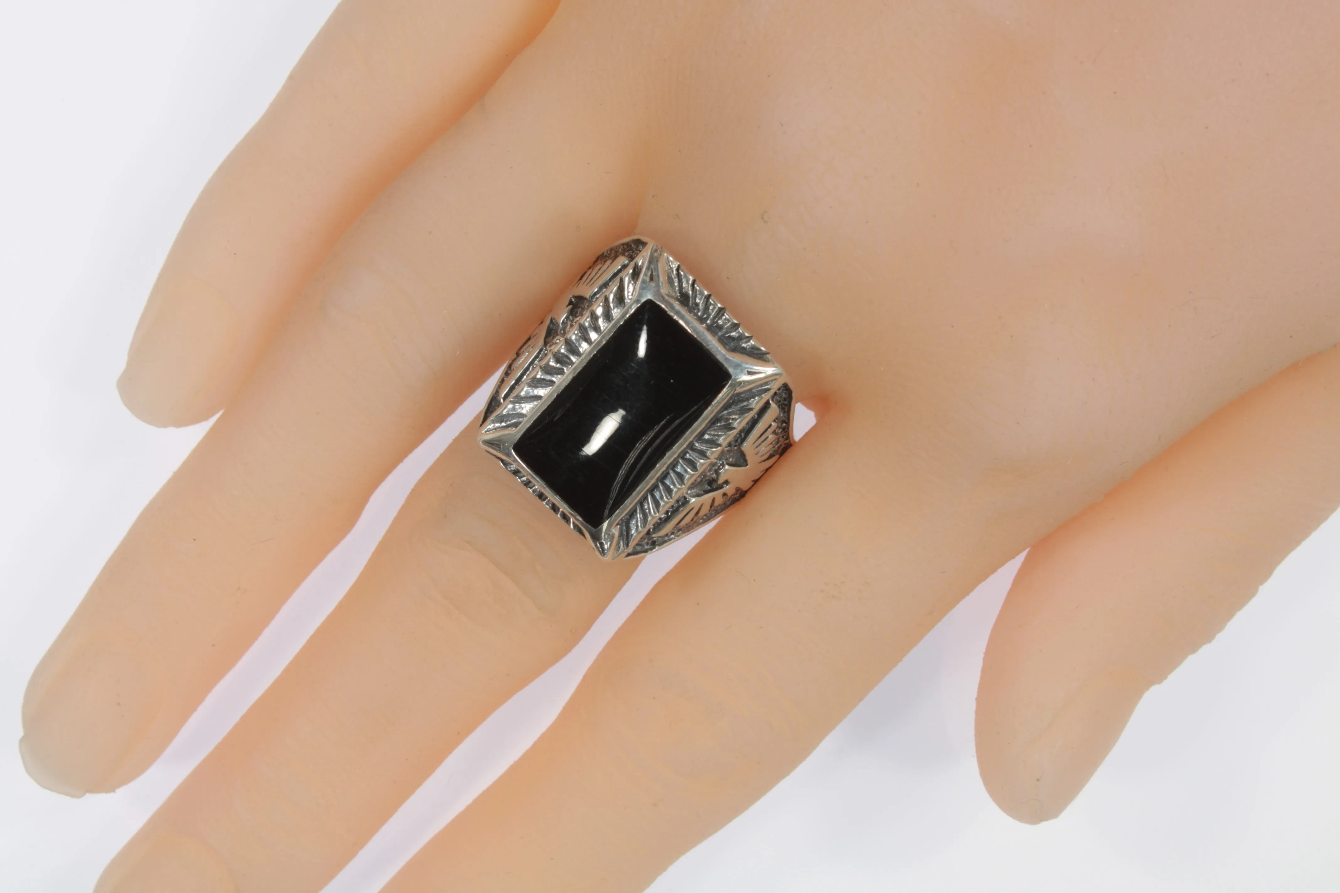 Vintage Onyx Eagle Sterling Silver Ring SZ 11