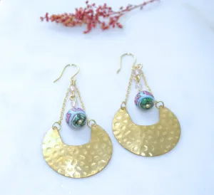 Vintage Porcelain Hand Painted Pink and Blue Geometric Bead Earrings with Hammered Brass Fans