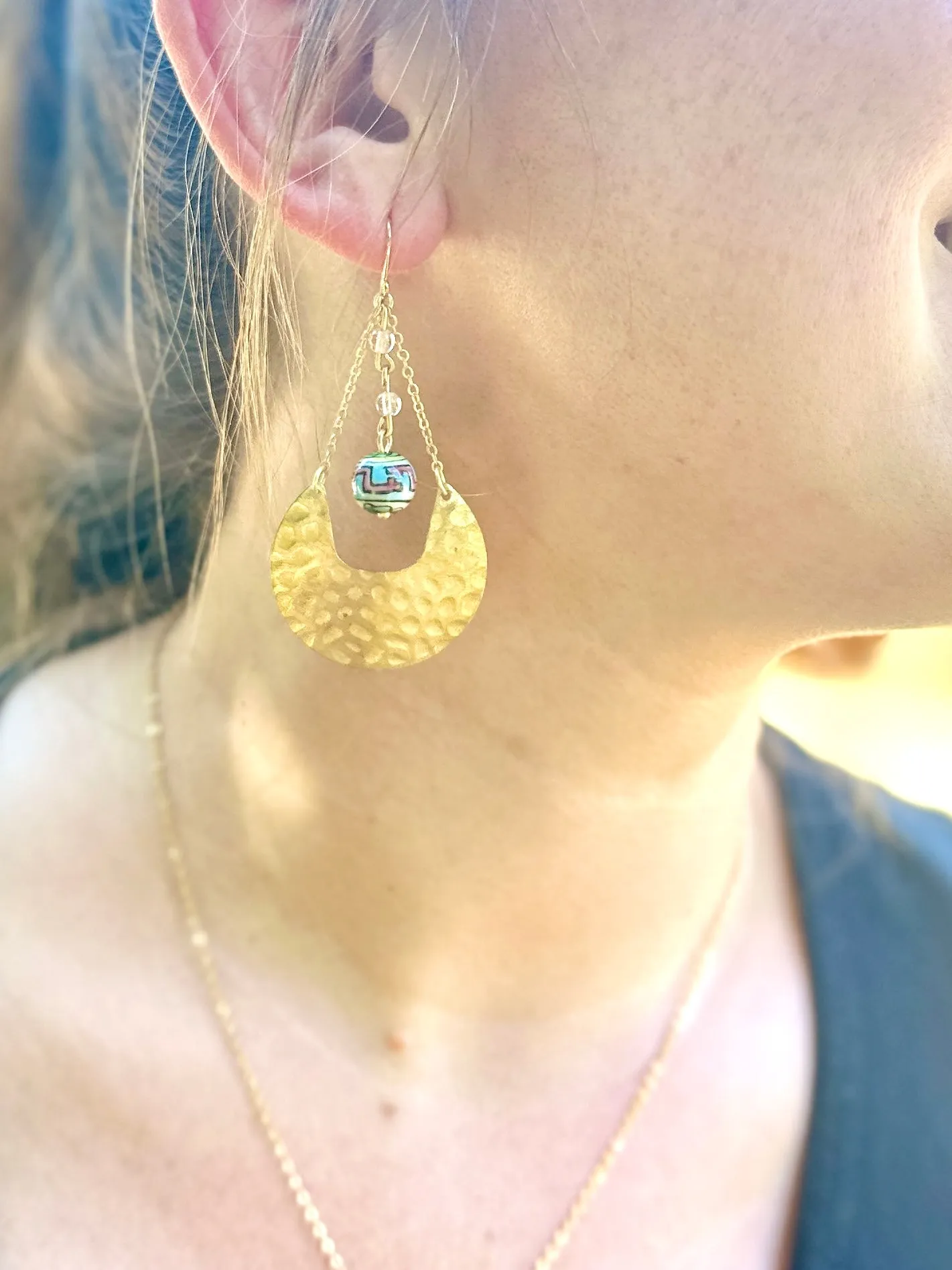 Vintage Porcelain Hand Painted Pink and Blue Geometric Bead Earrings with Hammered Brass Fans