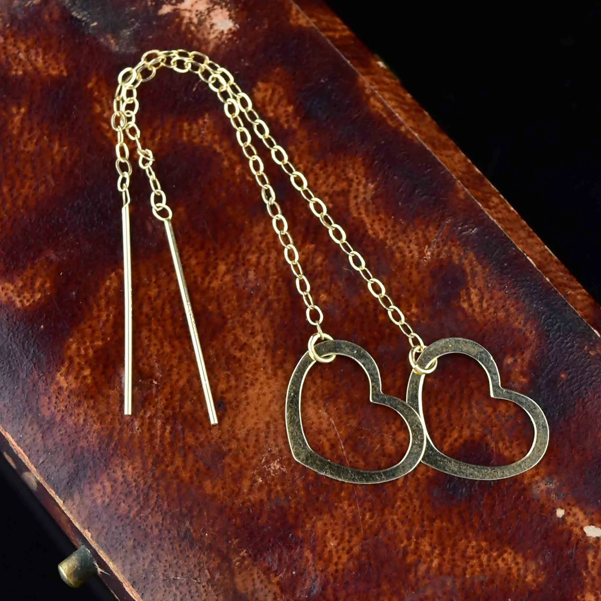 Vintage Solid 14K Gold Heart Threader Earrings
