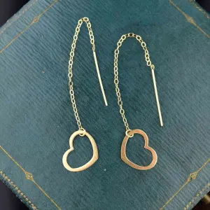 Vintage Solid 14K Gold Heart Threader Earrings