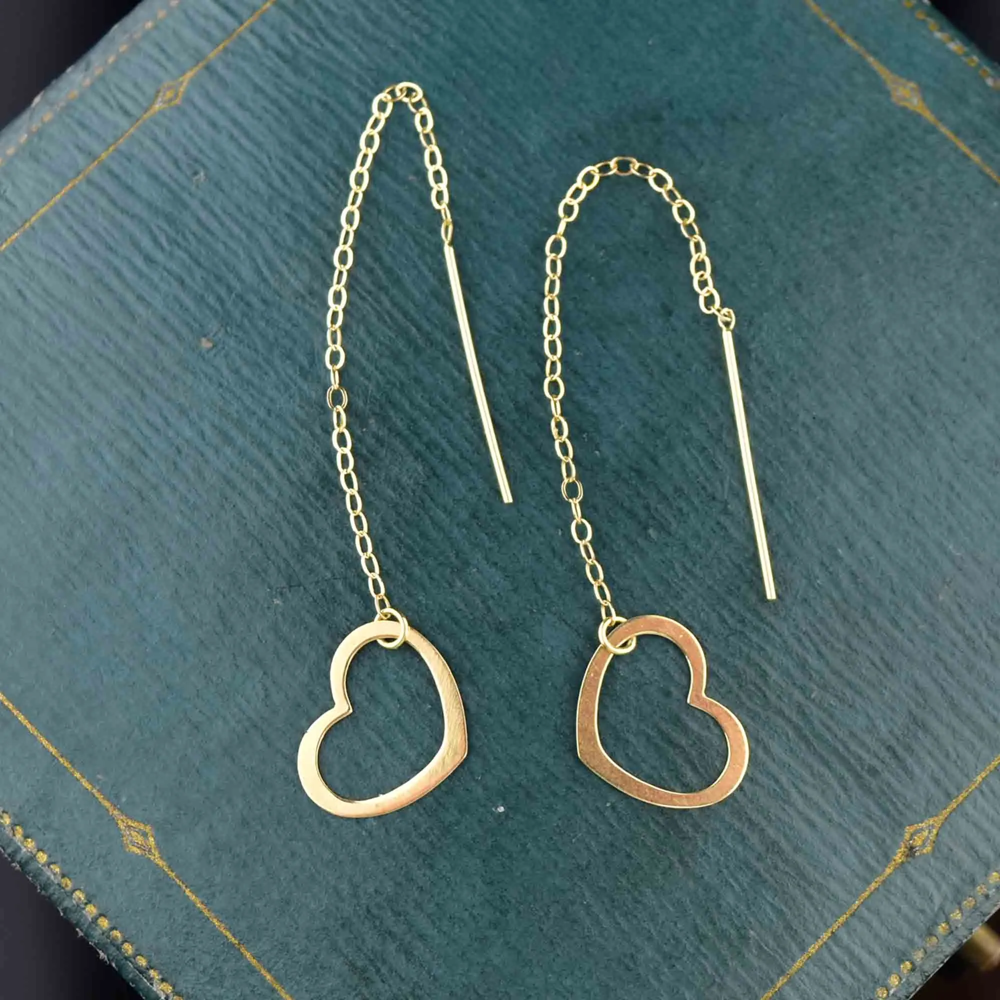 Vintage Solid 14K Gold Heart Threader Earrings