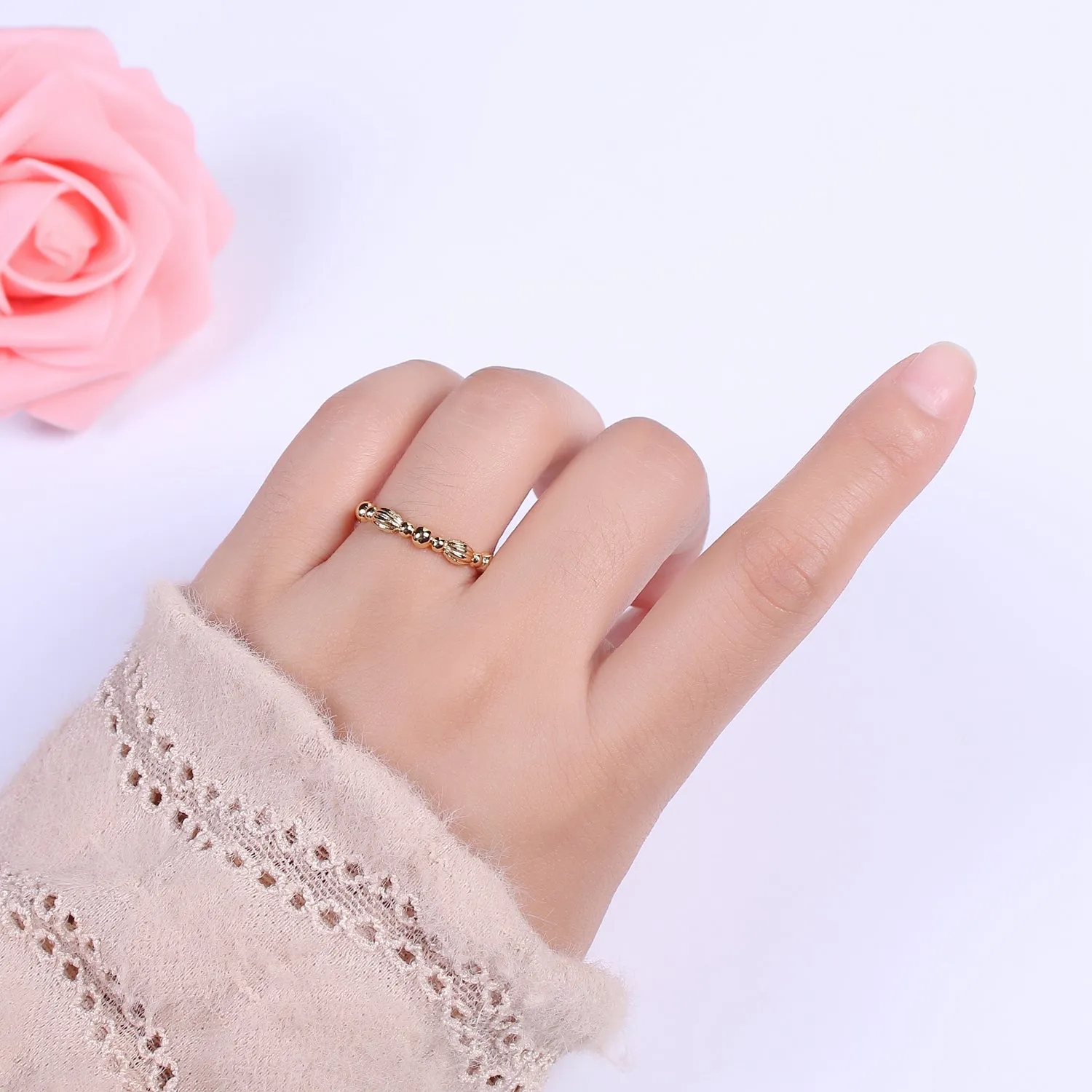 Vintage Style Ring Ball Beaded Cuff Ring Open Adjustable Gold Ring U-159
