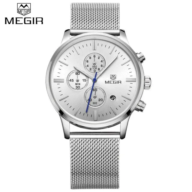 Watches Men MEGIR Brand Chronograph Fashion Simple Men Watches Stainless Steel Mesh Band Quartz-Watch Thin Dial Man Casual Clock