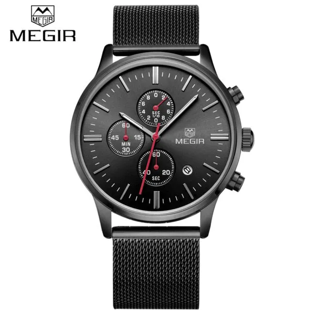 Watches Men MEGIR Brand Chronograph Fashion Simple Men Watches Stainless Steel Mesh Band Quartz-Watch Thin Dial Man Casual Clock