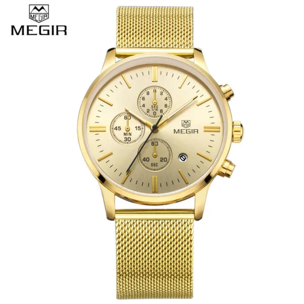 Watches Men MEGIR Brand Chronograph Fashion Simple Men Watches Stainless Steel Mesh Band Quartz-Watch Thin Dial Man Casual Clock