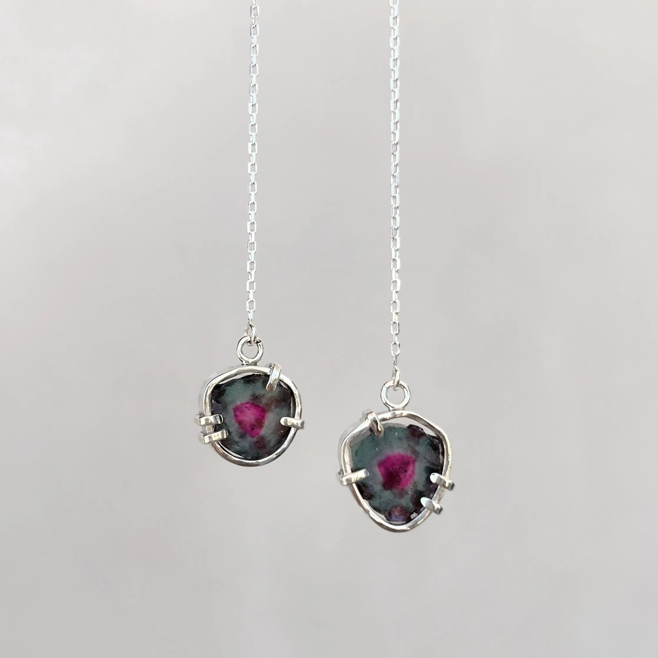 Watermelon tourmaline threader earrings in silver