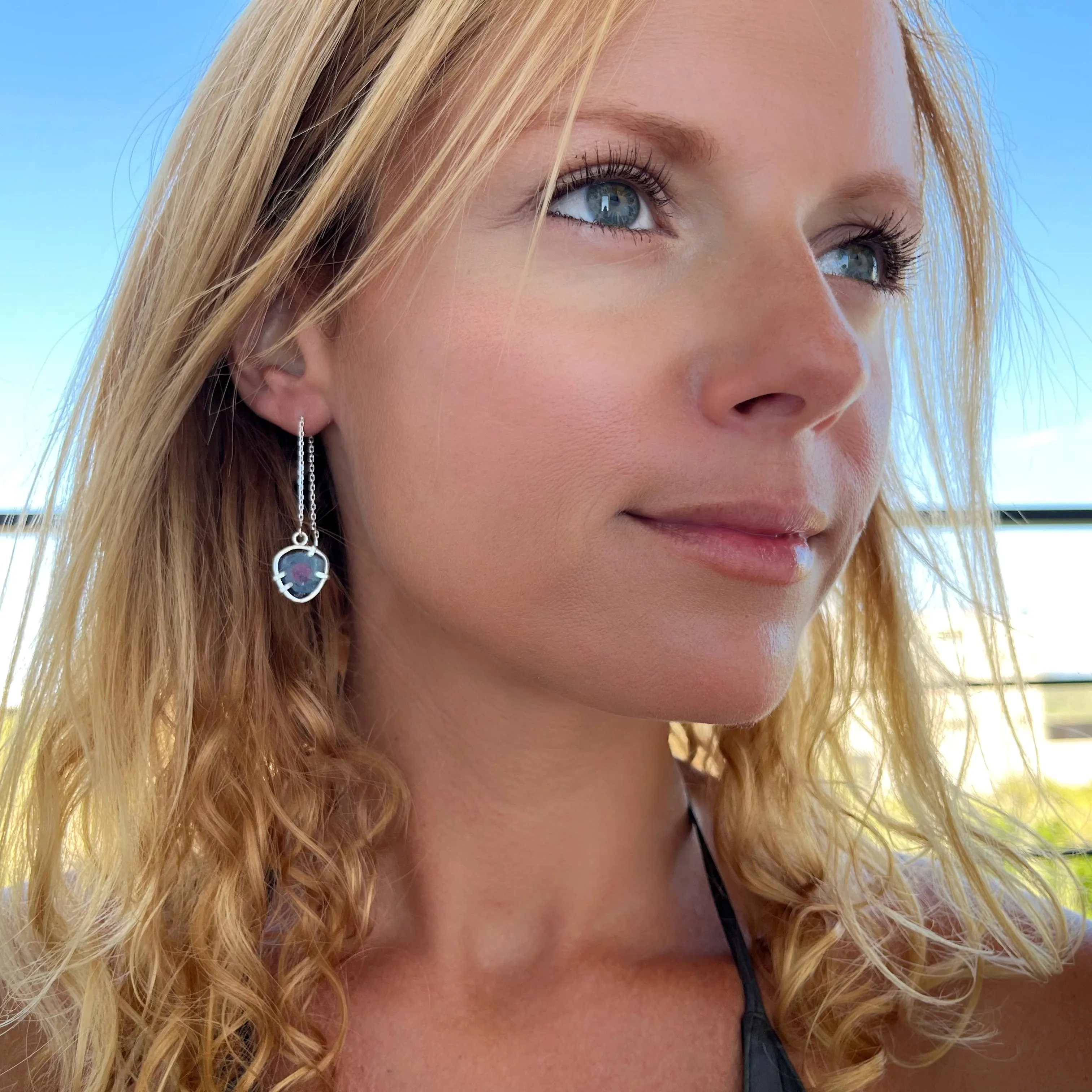 Watermelon tourmaline threader earrings in silver