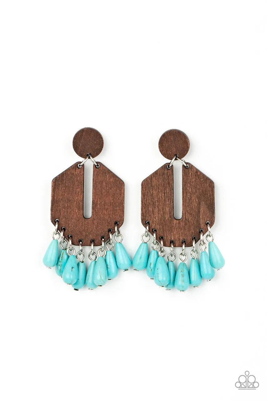 Western Retreat - Blue - Turquoise Teardrop Stone Bead Wooden Frame Paparazzi Post Earrings