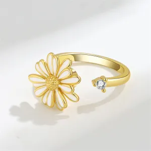 White Enamel & 18K Gold-Plated Cubic Zirconia-Accent Rotatable Mum Open Ring