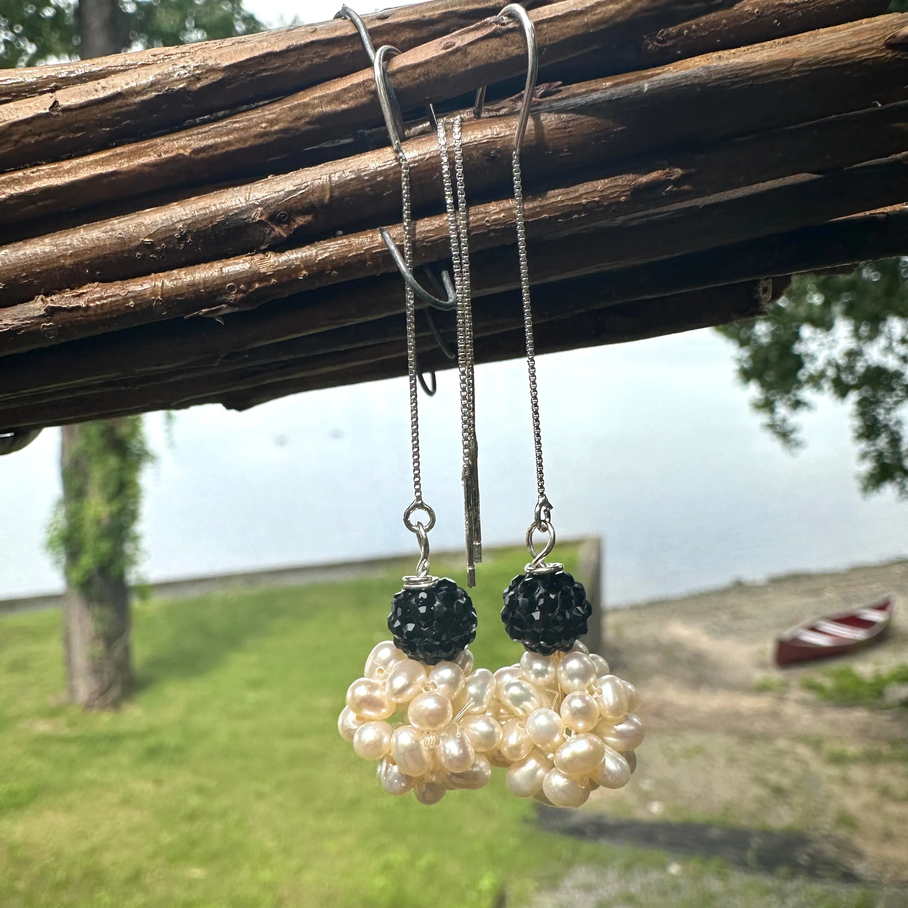 White Pearl Ball Threader Earrings, Black Rhinestones, Silver